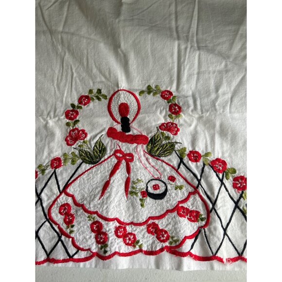 Vintage Hand-Embroidered Lady Design Cotton Pillow Cases Red Green Floral Accent - Picture 7 of 10
